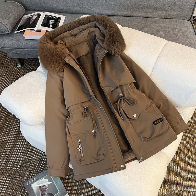 Dam nano vadderad parka med removable faux fur huva, teddyfoder, och justerbar dragsko