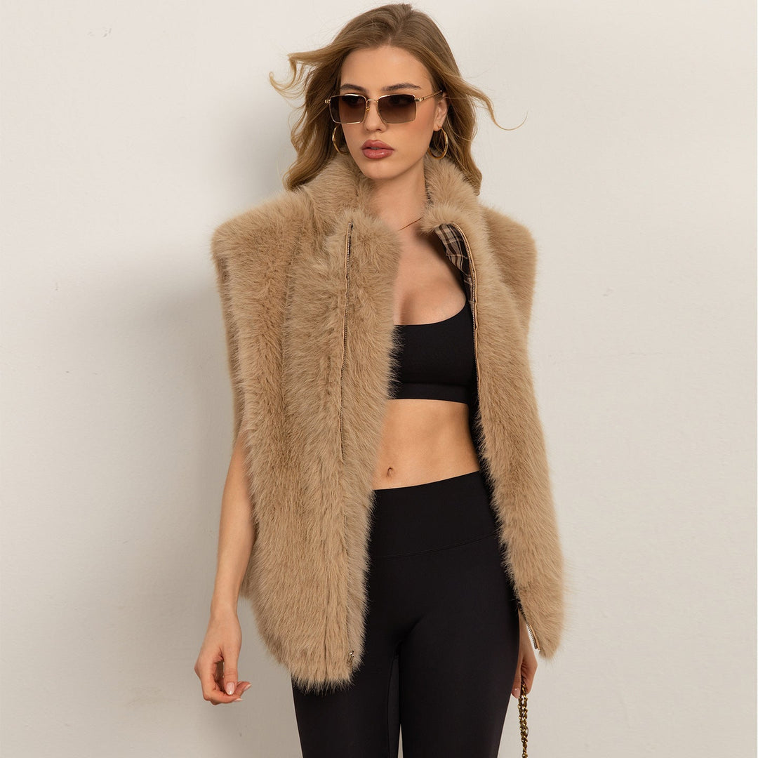Dam kort mysig faux fur väst med hel dragkedja och rutig foder
