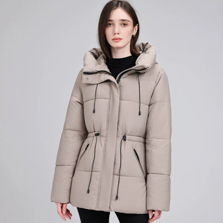 Dam vadderad Mid-Length Parka med huva, Drawstring Waist och dragkedja fickor
