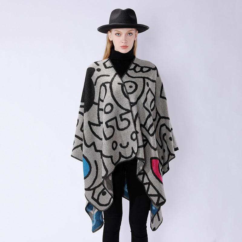 Dam oversized poncho i artistic tryck med two-tone edge processing och asymmetrical pointed fåll