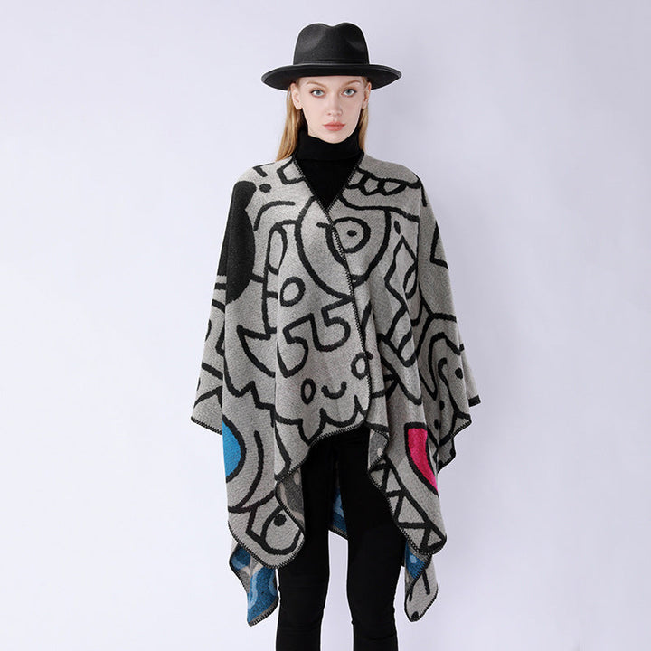 Dam oversized poncho i artistic tryck med two-tone edge processing och asymmetrical pointed fåll
