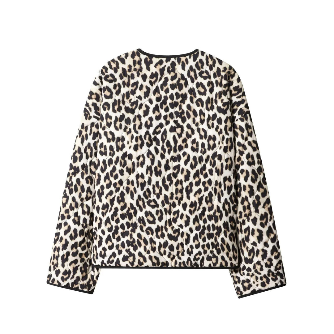 Dam non-quiltad kort jacka med djurprint, round neckline och snap knäppning