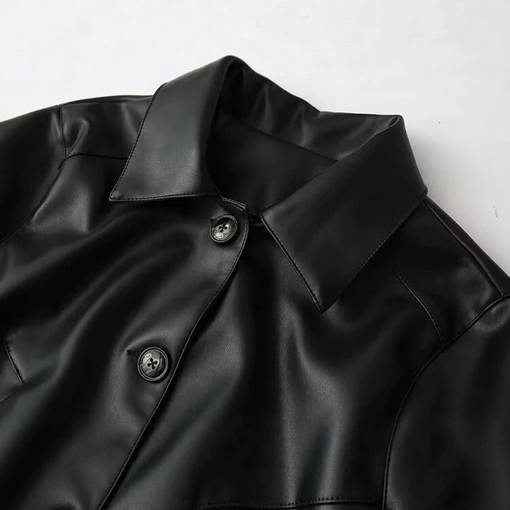 Dam kort jacka in shirt stil gjord vegan smooth läderlook med distinctive angled fickor
