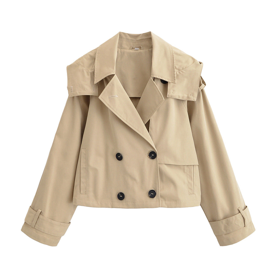 Dam Kort Jacka i Trenchcoat Stil med Dubbel-Breasted Knapplist och Adjustable Muddar
