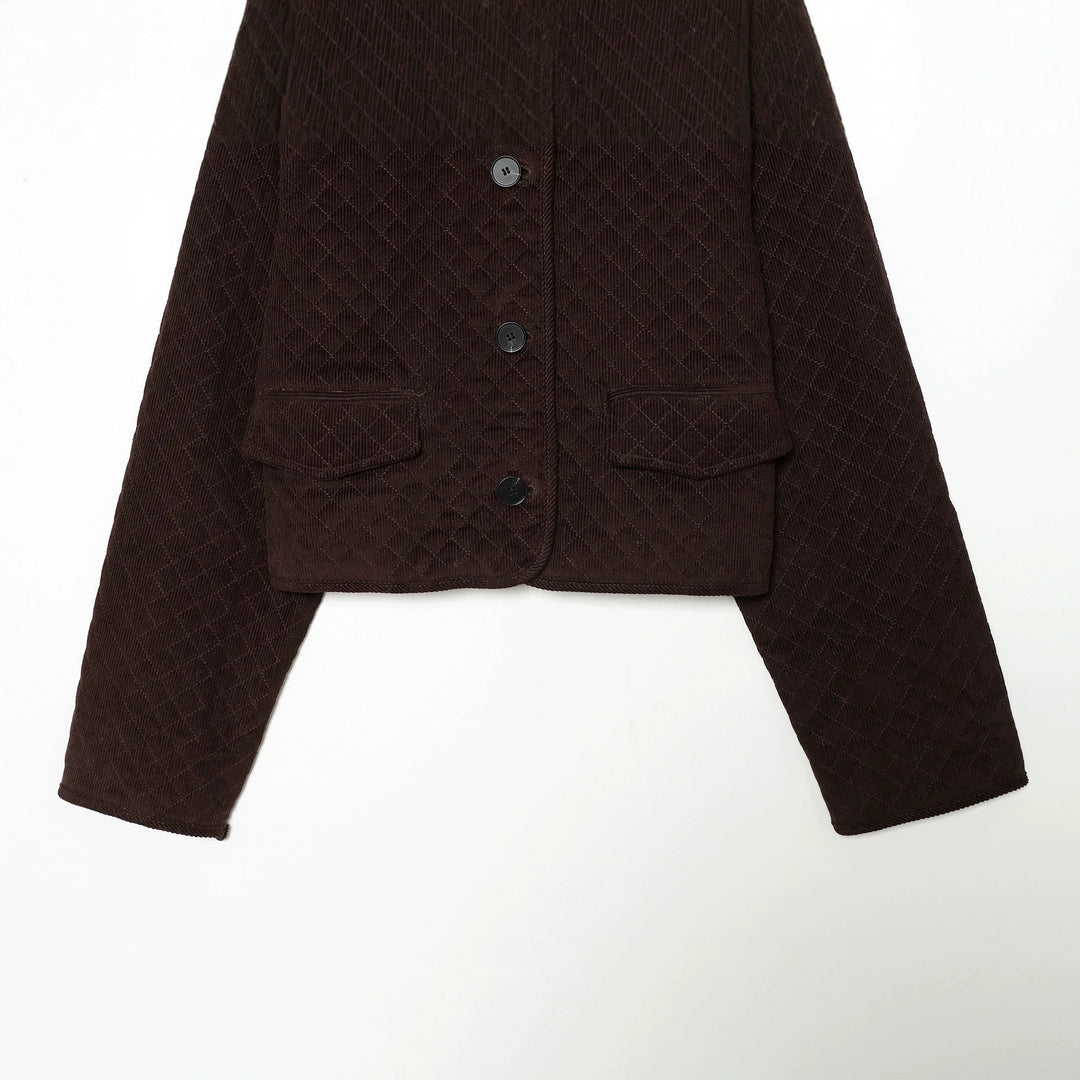 Dam Kort Quiltad Cord Jacka med Rounded Krage och Lock Fickor