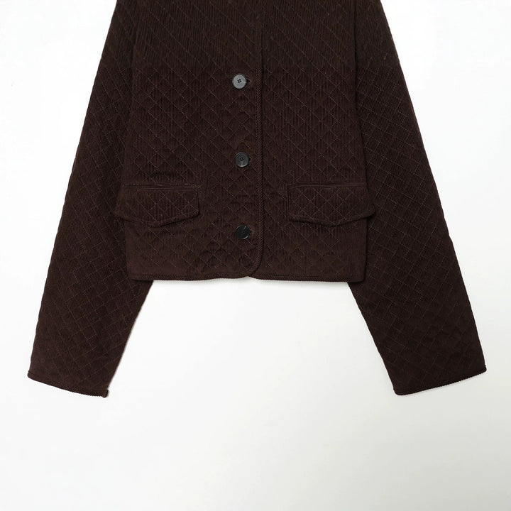 Dam Kort Quiltad Cord Jacka med Rounded Krage och Lock Fickor