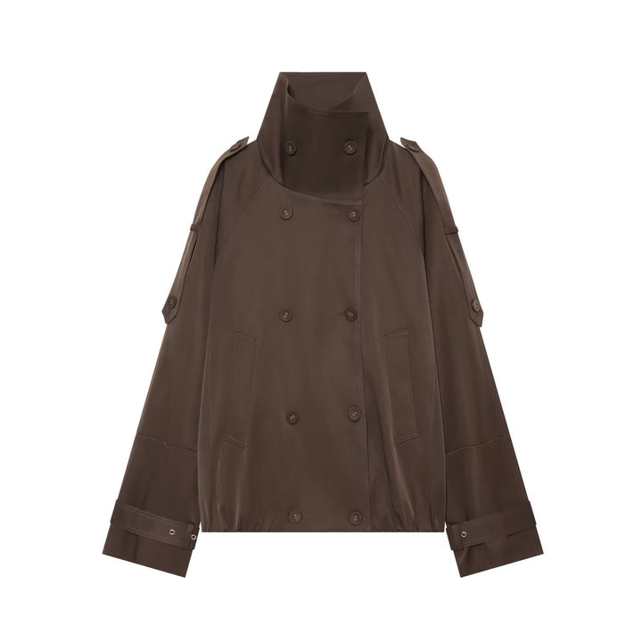 Dam Kort Skärning Double Breasted Trenchcoat med Hög Stå Krage och Cape Ärmar