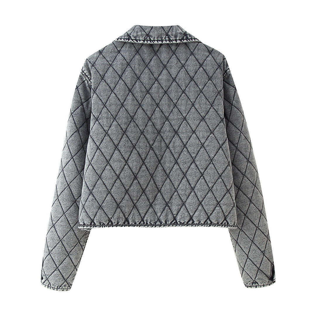 Dam avslappnad quiltad denim look kort jacka med diamond mönster och ties