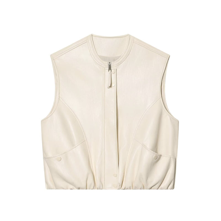 Dam Sleeveless Läder-Look Väst med Stå Krage, Two-Way Dragkedja och Lock Fickor