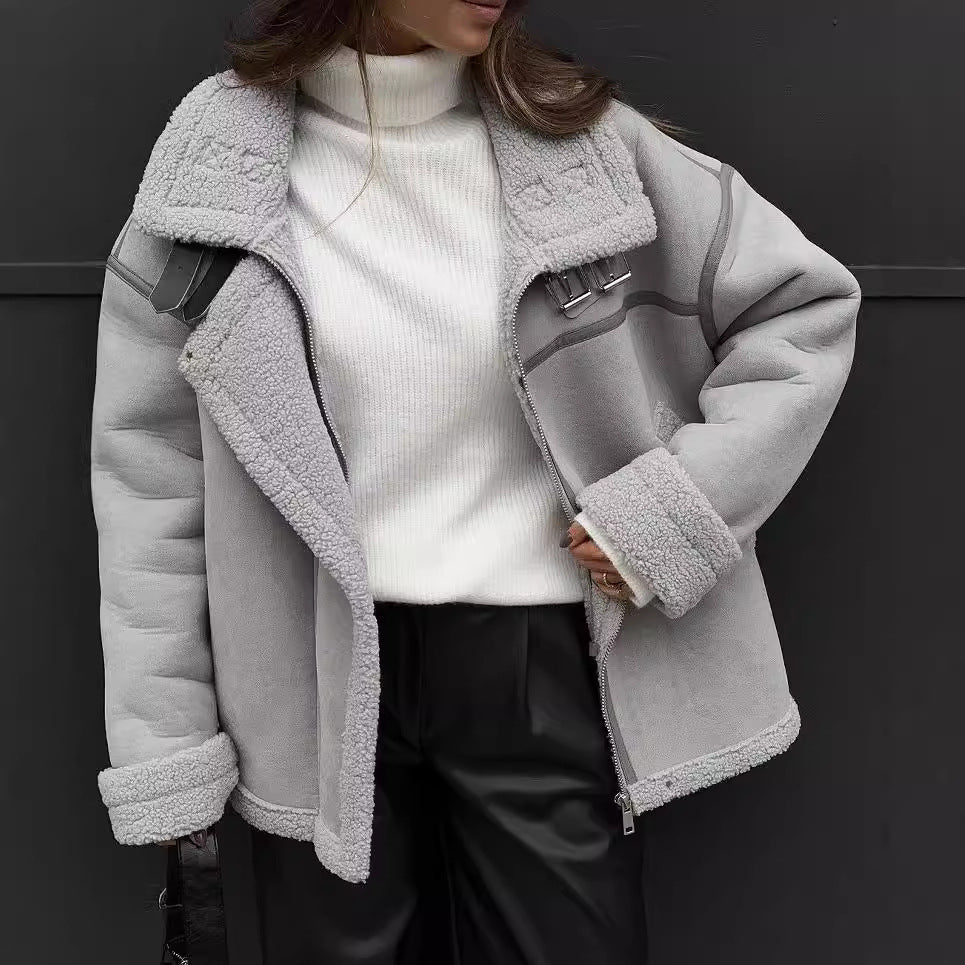 Dam vid skärning Lambskin Imitation Flight jacka med Faux Fur foder