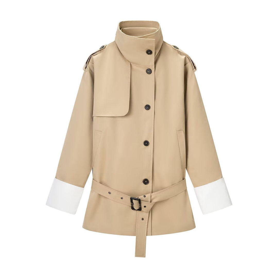 Dam kort trenchcoat med midjebälte, Stand krage och kontrast muddar