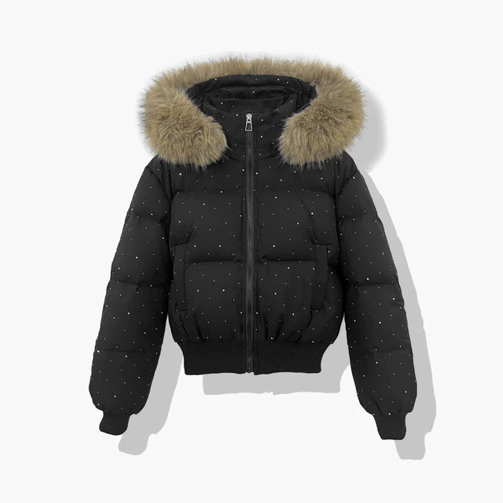 Dam kort quiltad puffer blouse med fine rhinestone embellishment, detachable huva med fuskpäls och elastisk fåll