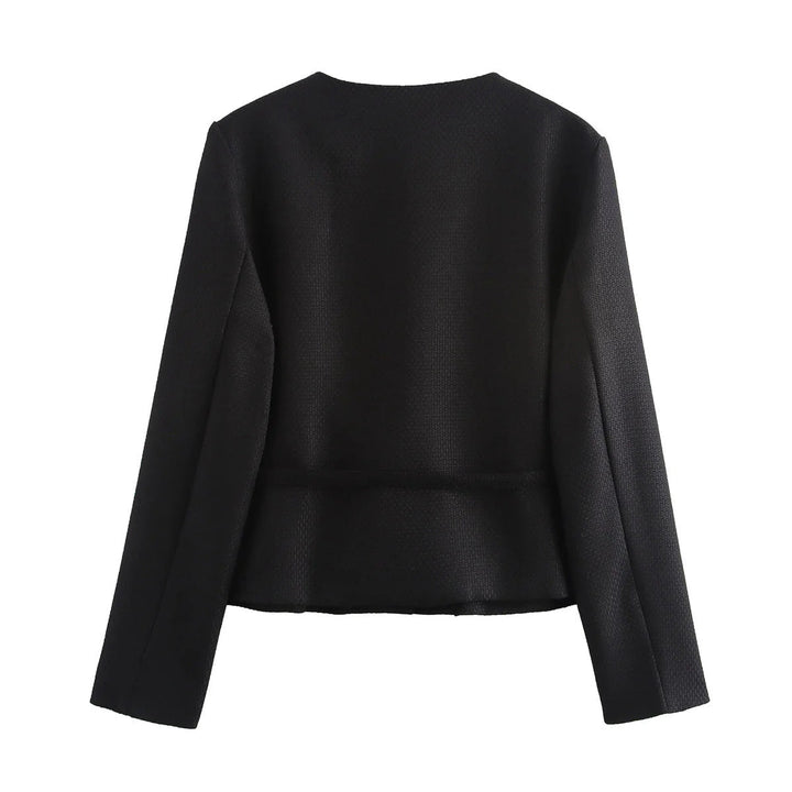 Dam figursydd button jacka med round neckline, waist tie bälte, och fine woven texture