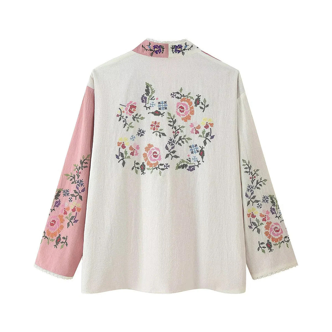 Dam embroidered kimono kofta med öppen front, spets kant och floral embroidery