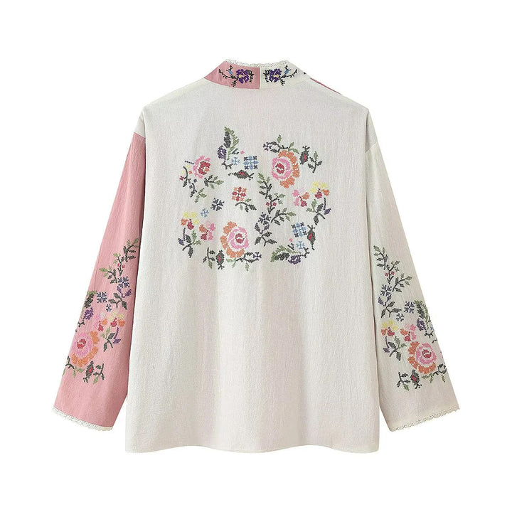 Dam embroidered kimono kofta med öppen front, spets kant och floral embroidery