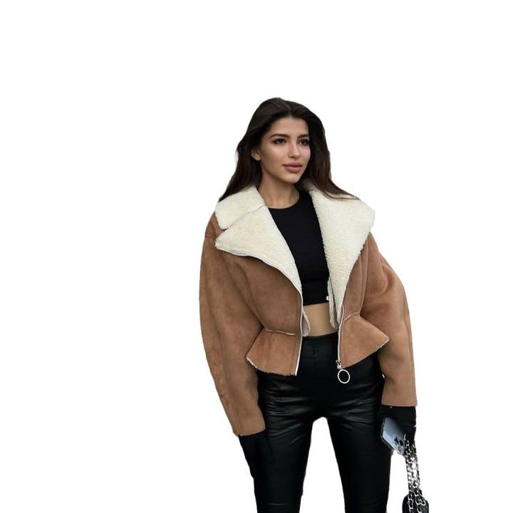 Dam kort Lambskin Imitation bikerjacka med oversize krage och asymmetrisk dragkedja