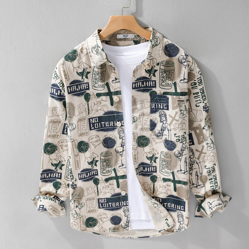 Herr Artistic Grafisk Overshirt i Avslappnad Layering med Allover Sketch Tryck och Soft-Touch Bomull Mix