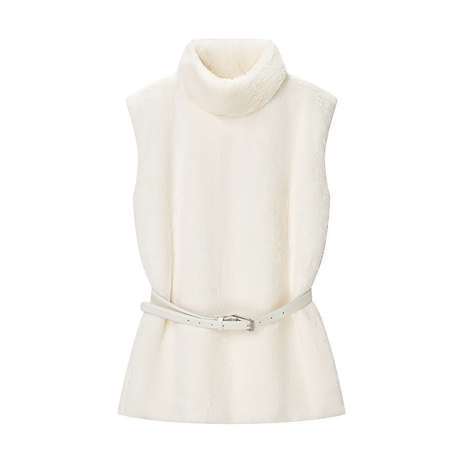Dam ärmlös Faux Fur väst med ståkrage och Waistbelt