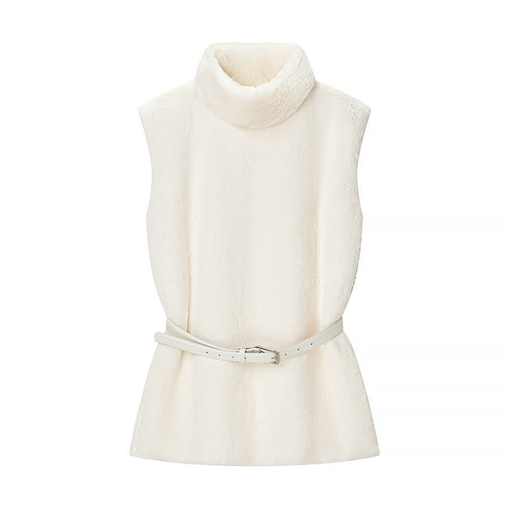 Dam ärmlös Faux Fur väst med ståkrage och Waistbelt