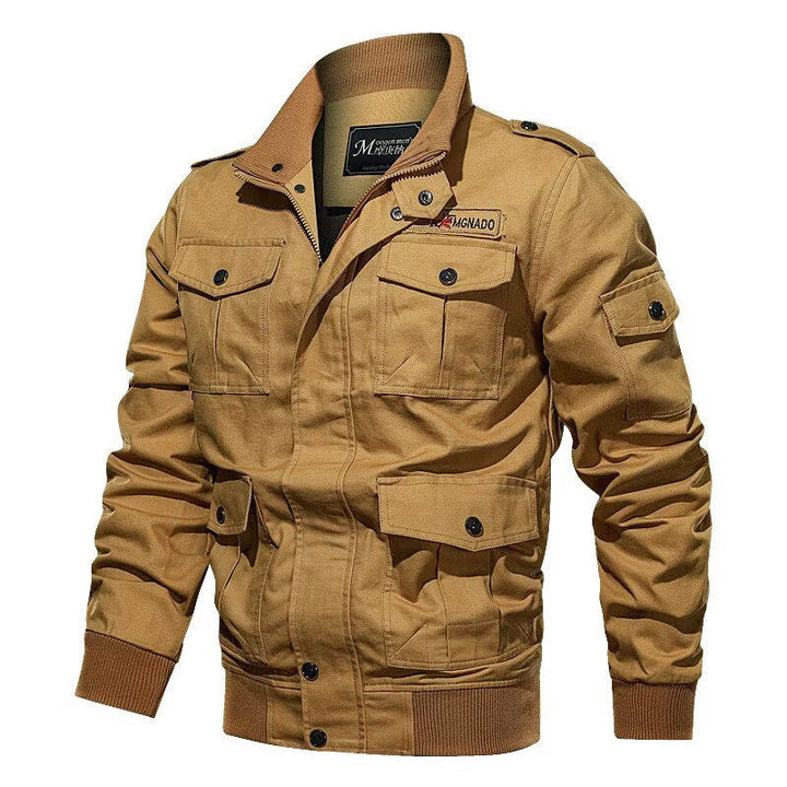 Herr Military-Inspired Canvas Fältjacka med Axelklaffar och Multifunktionell Fickor