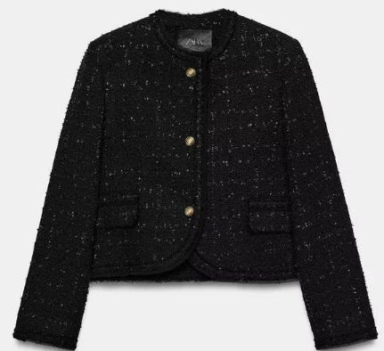 Dam Kort Kort Bouclé Tweed Blazer med Rounded Edges, Golden Dekorativ Knappar och Patch Fickor