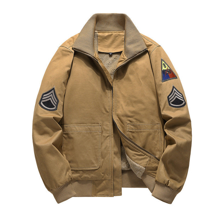 Herr Flight Jacka med Sherpa Foder, Embroidered Patch Detaljer, och Ribbad Fåll