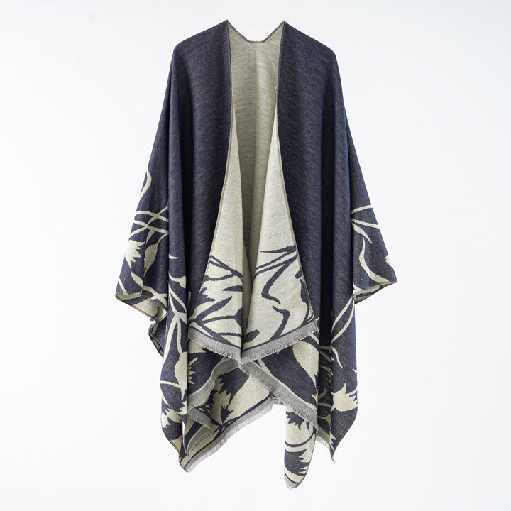 Dam Reversible oversized capeponcho tillverkad av ullblandning med Floral Jacquard Weaving