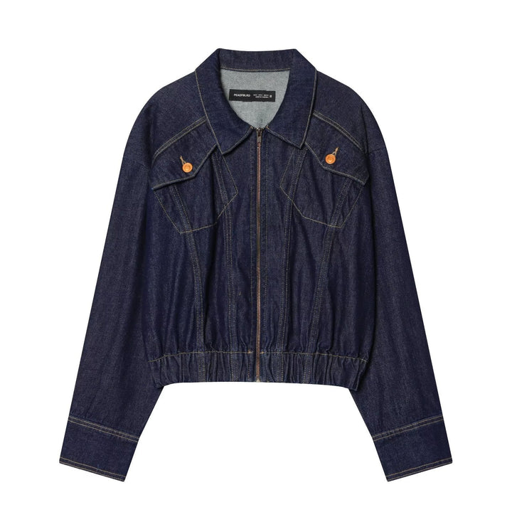 Dam Kort Denimjacka med Dragkedja, Tailored Drawstring och Western Details