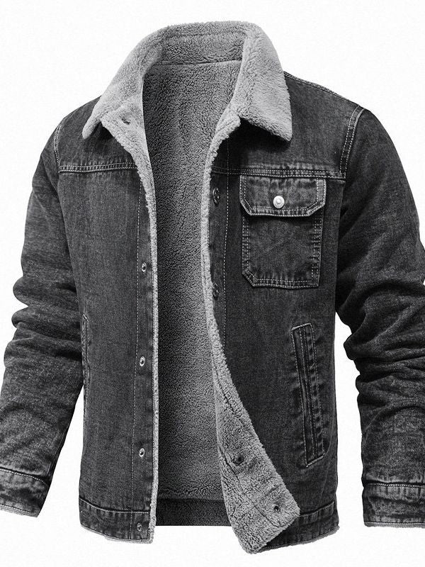 Herr Sherpa-lined denimjacka med teddyfoder och bröstficka