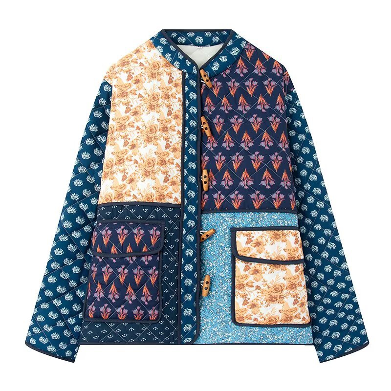 Dam Vadderad Patchwork Quiltad Jacka med Toggle Stängningar och Utanpåfickor
