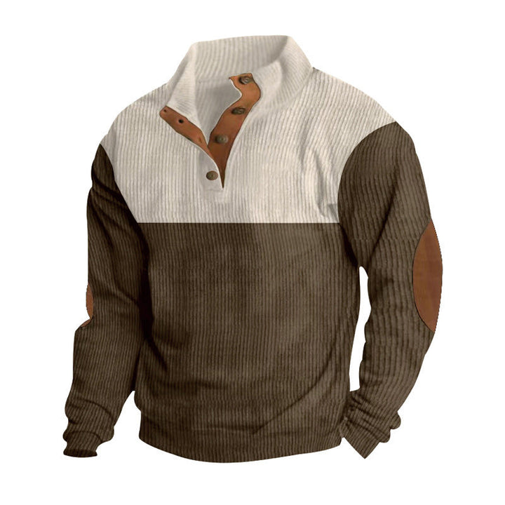 Herr Ribbad Henley Stickad Pullover med Ståkrage Contrast Yoke och Elbow Lappar