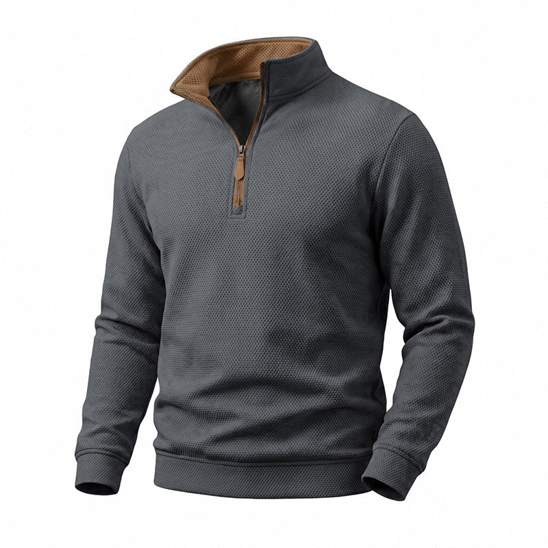 Herr Halv Dragkedja Pullover med Waffle Texture och Contrast Krage