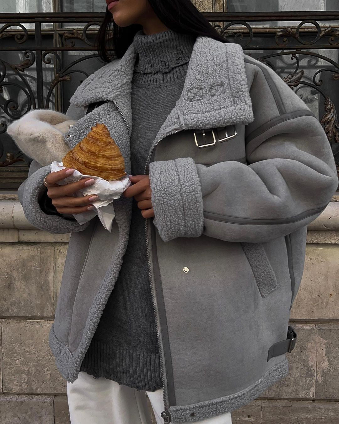 Dam vid skärning Lambskin Imitation Flight jacka med Faux Fur foder
