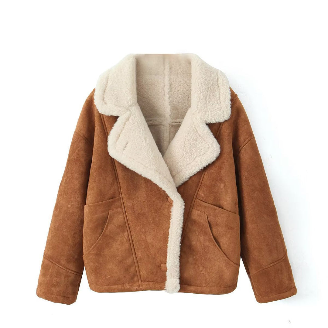 Dam Kort Aviatorjacka Tillverkad av Suede Imitation med Teddy Foder och Stora Lapels