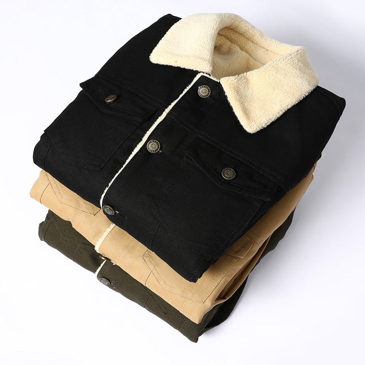 Herr Canvas Trucker Jacka med Teddy Fleecefoder och Lock Fickor