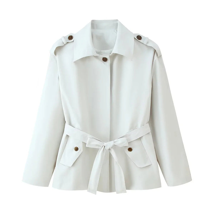 Dam figursydd kort trenchcoat med tie bälte, axel flaps och påsydda fickor