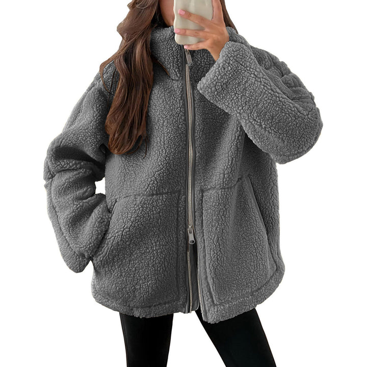 Dam oversized teddy fleecejacka med ståkrage och full-length dragkedja