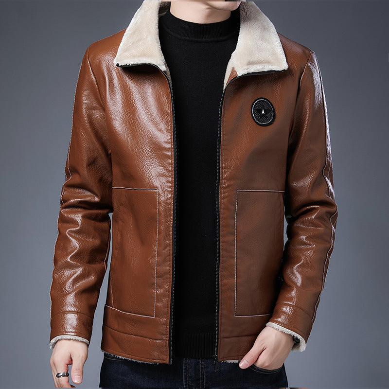 Herr Pilot Blouson i Läder Look med Sherpa Foder och Stående Krage