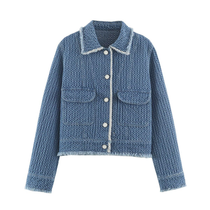 Dam kort Boxy denimjacka med Waffle Texture, utanpåfickor och Fringe Trim