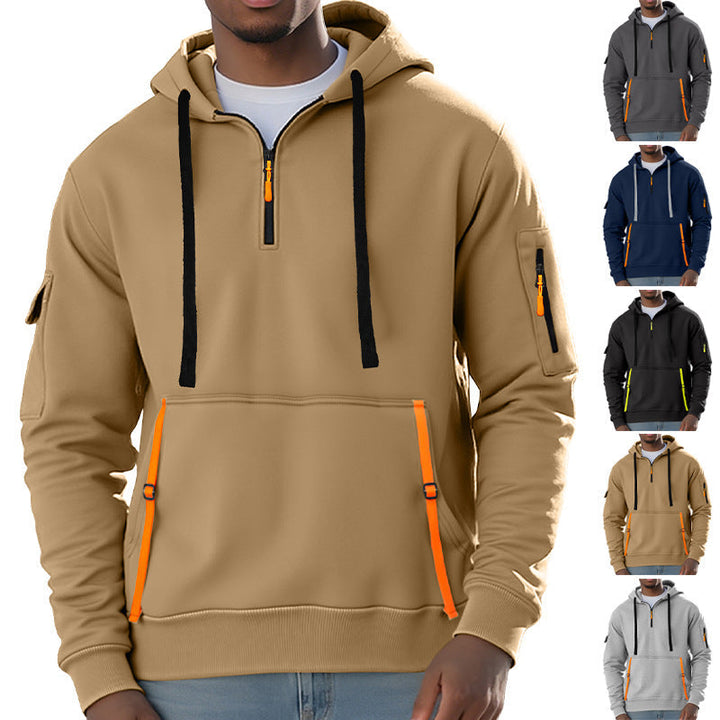 Herr Nano Urban Tech med Huva Halv Dragkedja Pullover med Utility Ärmficka, Känguruficka, och Adjustable Dragkedja Tapes