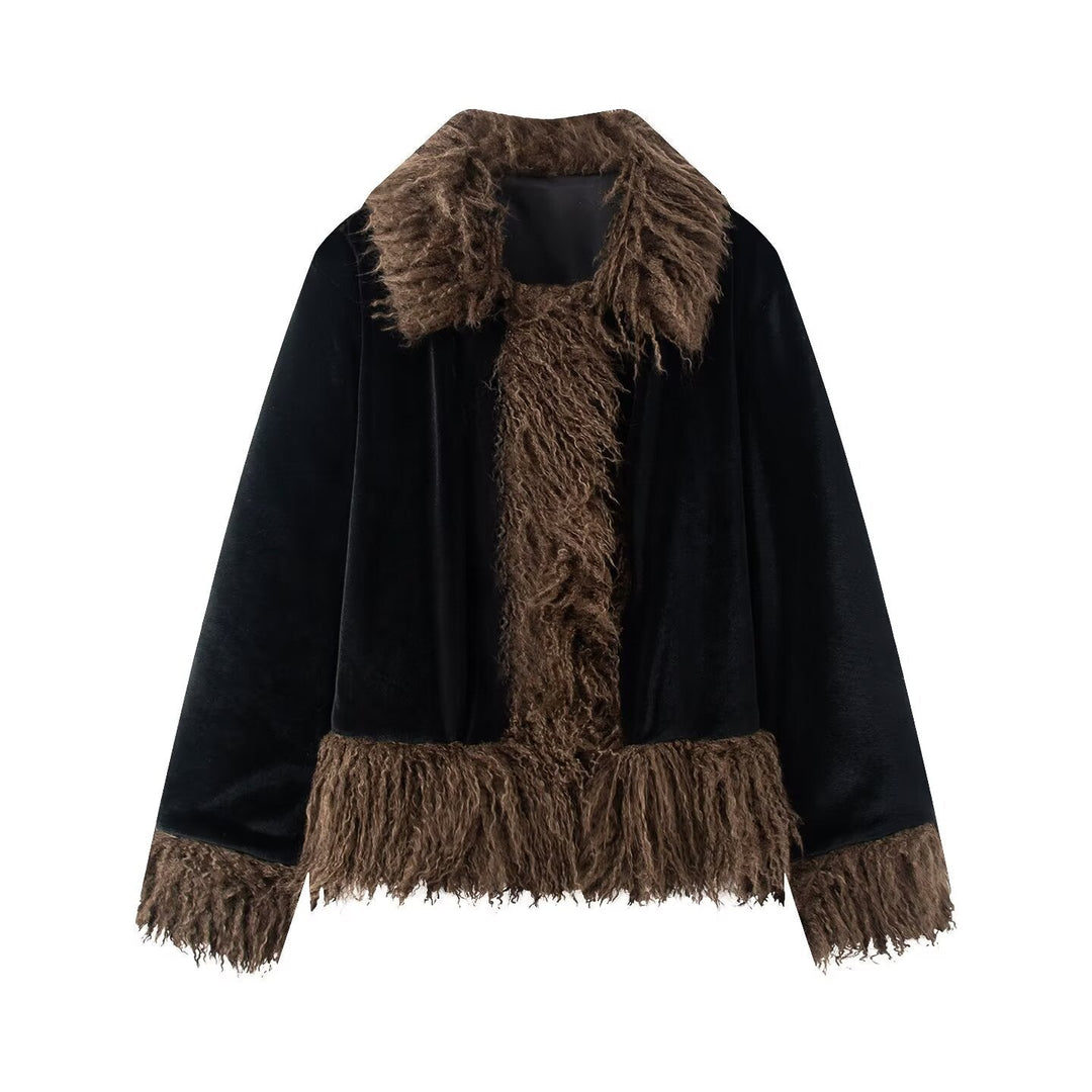 Dam Kort Jacka med Faux Fur Kant, Velvet Look och Fringed Nederkant