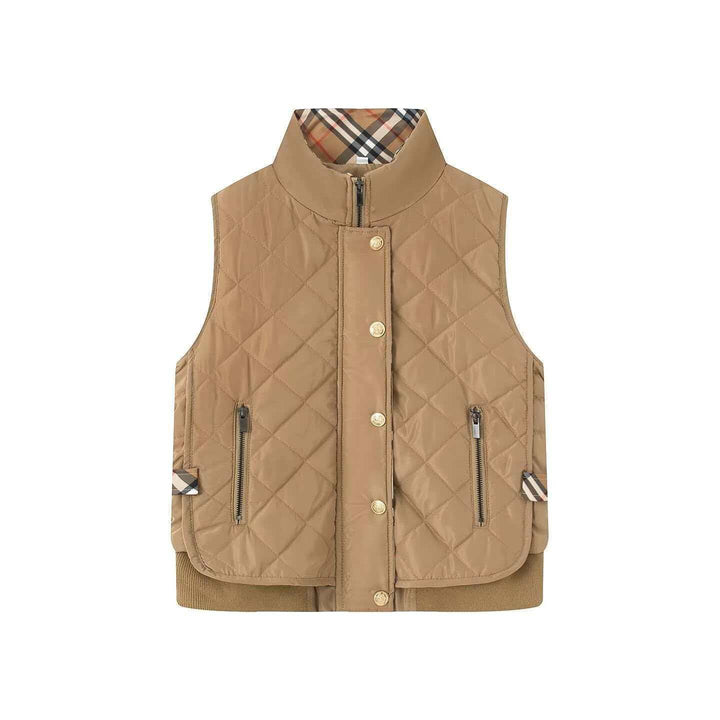 Dam kviltad ärmlös Bodywarmer med ståkrage, dragkedja, Snap knappslå och Ribbed fåll