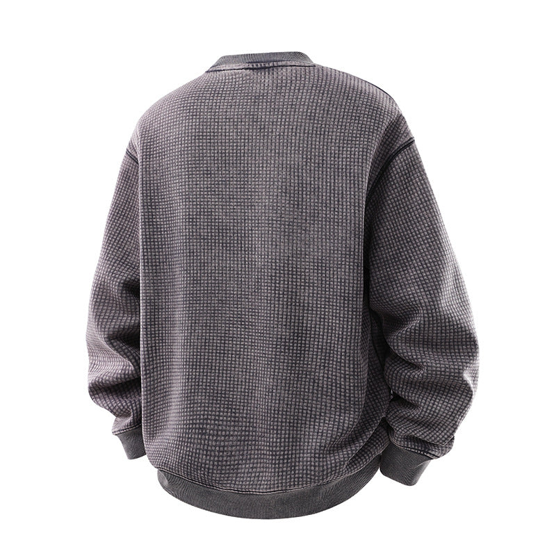 Herr Oversized Waffle Structure College-Tröja med Crew Neck och Ribbstickade Muddar