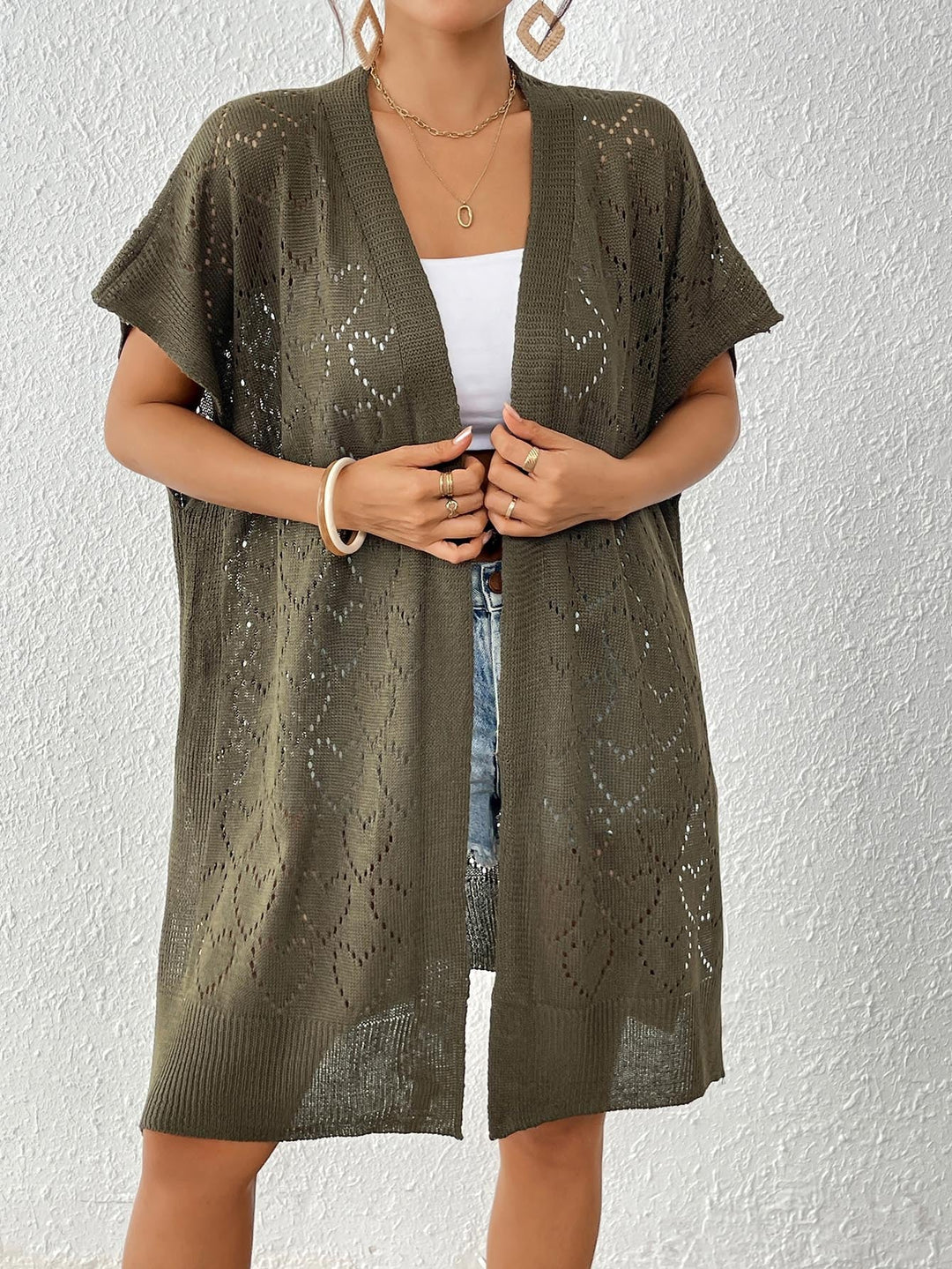 Dam luftig stickad kimono med blommig spets mönster