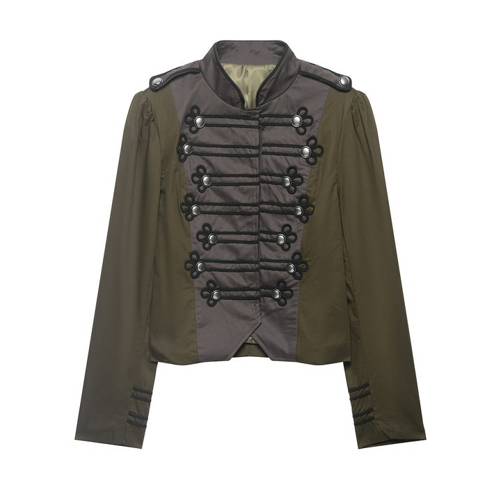 Dam Kort Jacka i Militär Stil med Ståkrage, Decorative Frog och Epaulettes