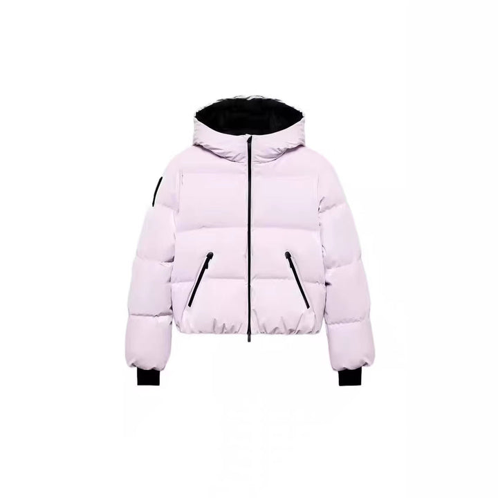 Dam Kort Vadderad Bomber-Stil Jacka med Huva med Elastic Fåll och Zippered Fickor