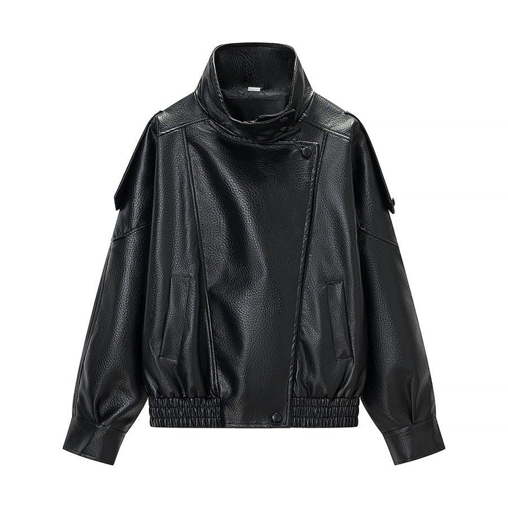 Dam oversize konstläder jacka med hög ståkrage, Asymmetrical knappslå och Elastic fåll