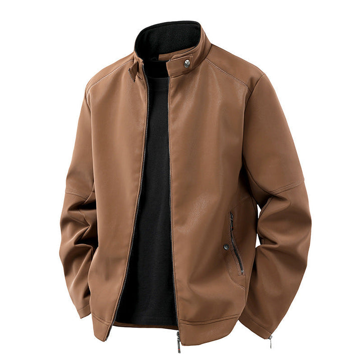 Herr Avslappnad Leather-Look Blouson med Stående Krage och Dold Dragkedja
