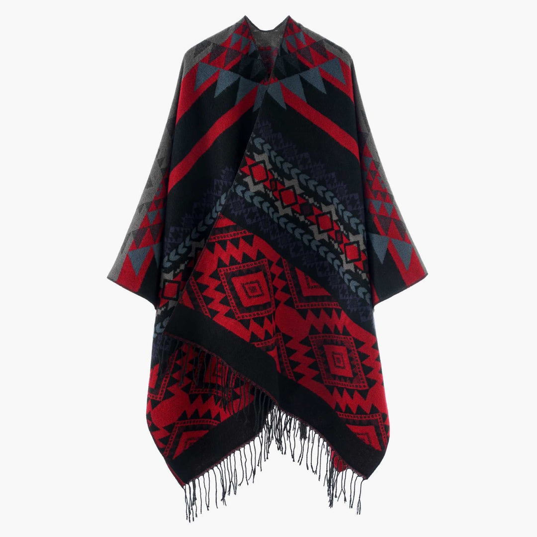 Dam Oversize Jacquard Cape i Ethno Jacquard med Fringing