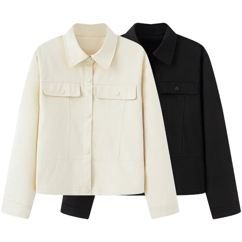 Dam Kort Skärning Boxig Overshirt Jacka i Vegan Läder Look med Lockfickor och Tryckknapp Knapp Stängning